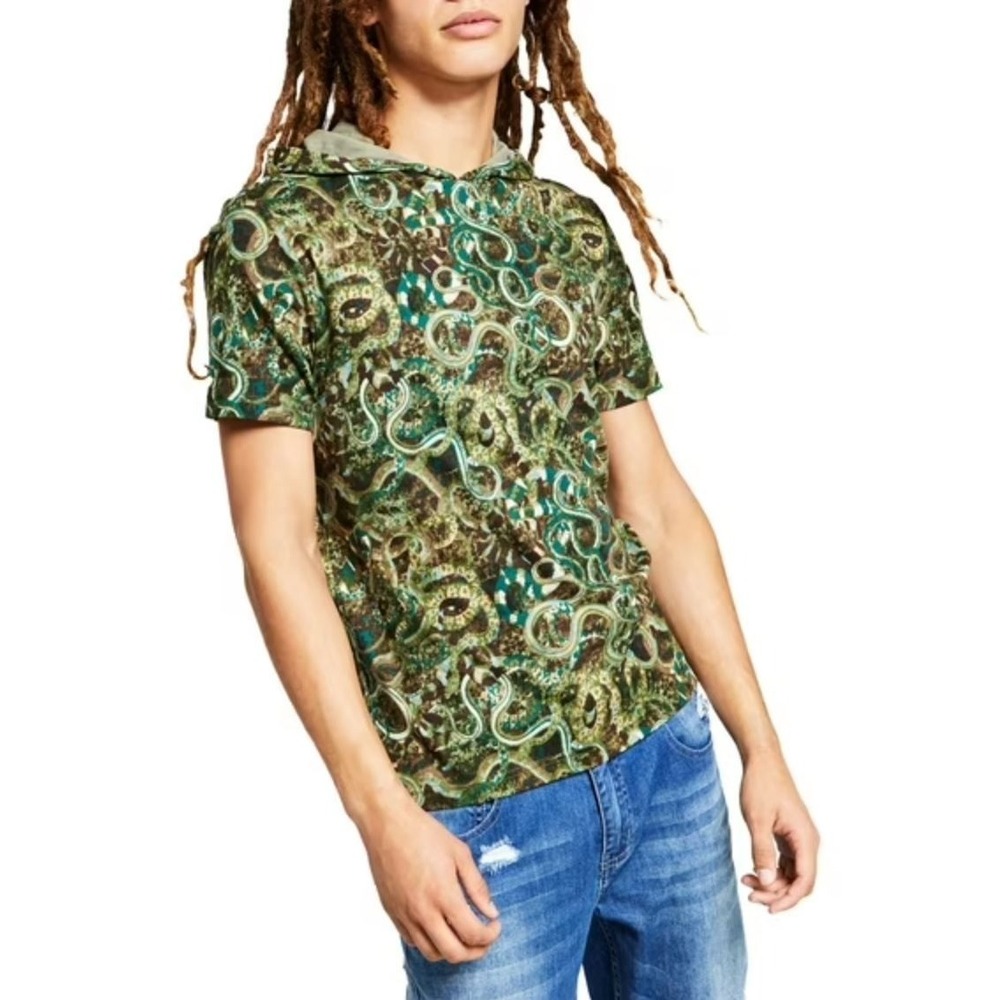 INC t-shirt tee mens XS short sleeve hooded snakes green cotton 100159694MN